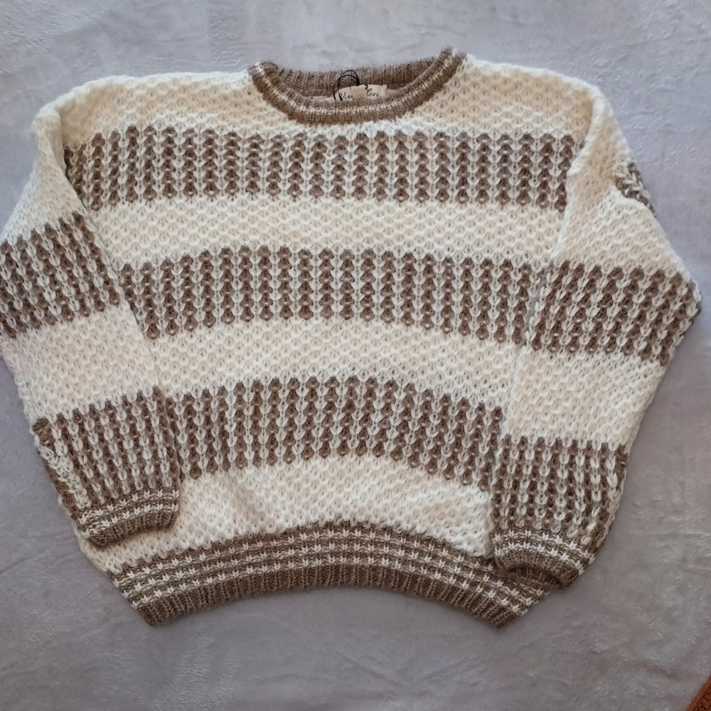 Vine & Love Womens L Striped Chunky Knit Sweater Cream Tan Cabincore Hygge Cozy - Picture 2 of 8